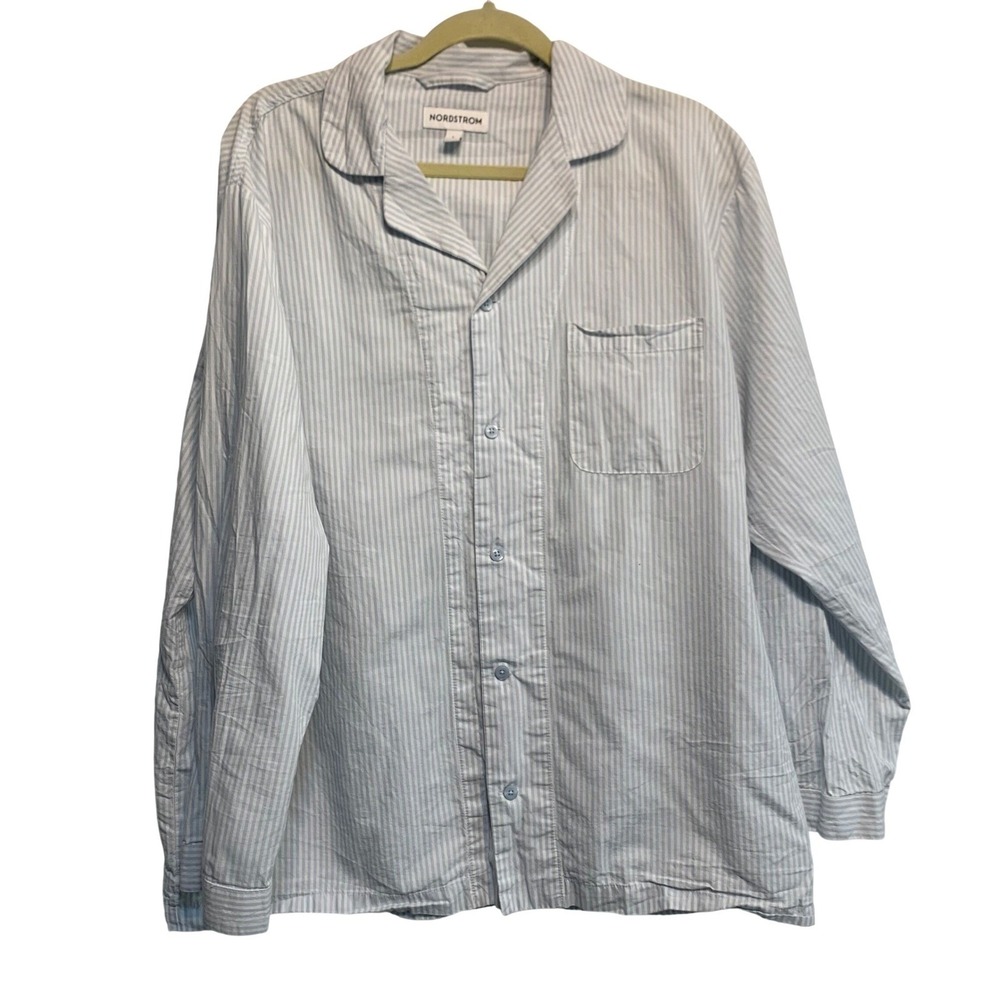 Nordstrom Pajama Top Large Blue White Striped Poplin Cotton Breathable Classic